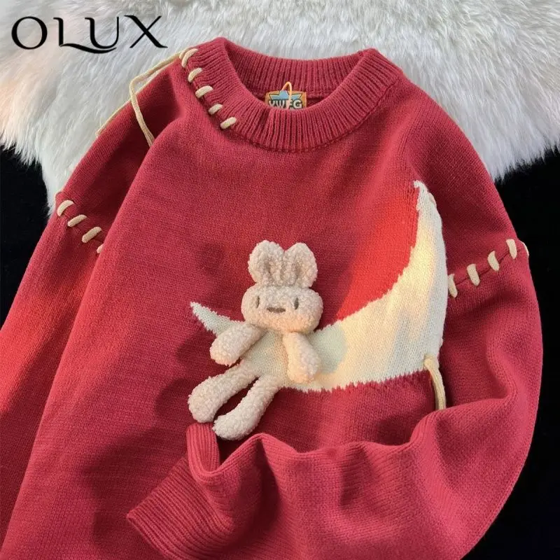 Men Women Cute 3D Rabbit Moon Sweater Pullovers for Girls Varsity Harajuku Casual Loose Jumpers Autumn Winter Couples Kawaii Top