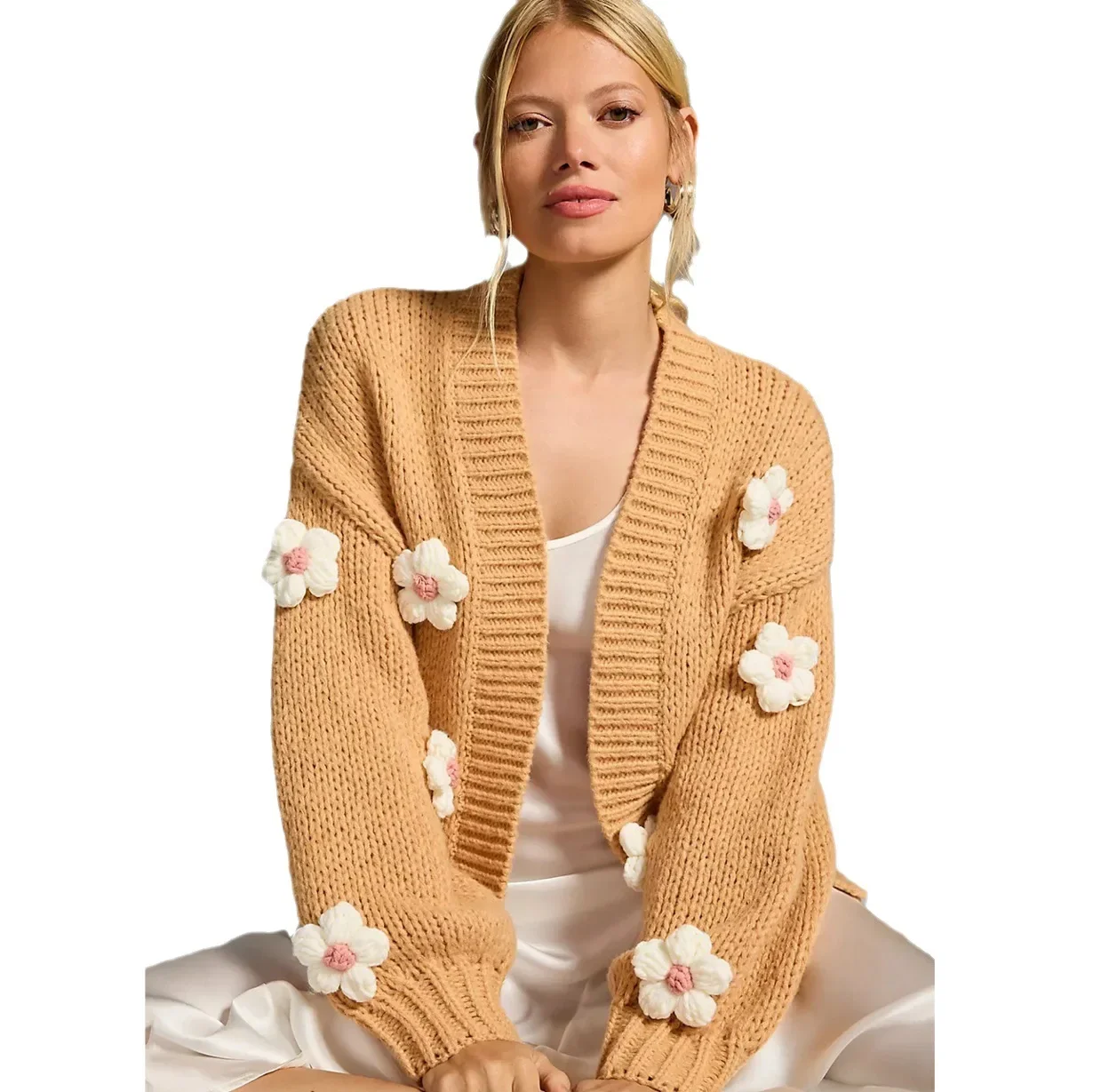 Cardigan de malha de cor sólida com flores tridimensionais, outono e inverno feminino novo casaco de malha com manga lanterna solta