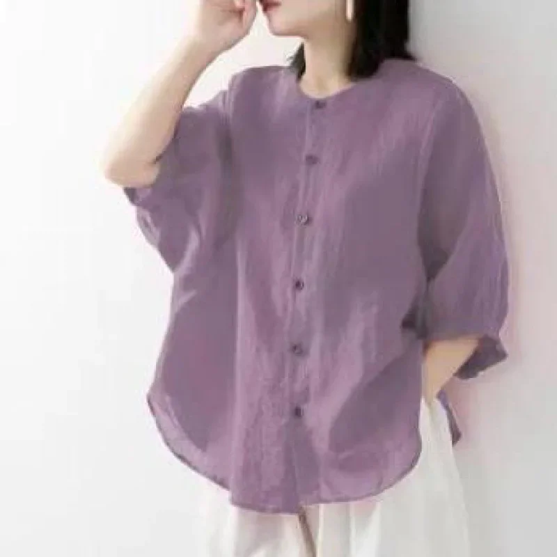 Camisa feminina plus size de linho e algodão primavera verão cor sólida lanterna manga gola blusa solta