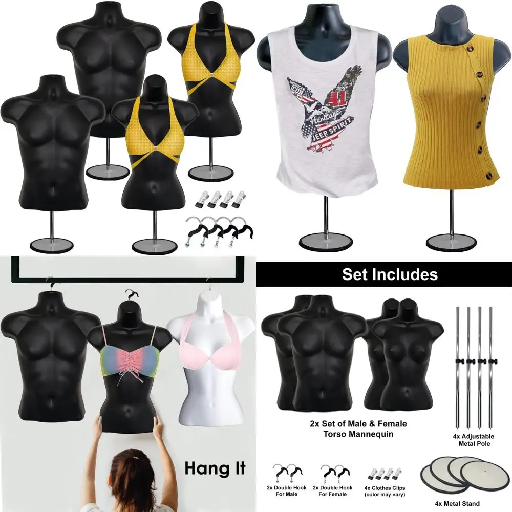 

Black Male and Female Mannequin Set with Hollow Back, Clothes Clips, Metal Stands, Poles, and Hanging Hooks for Display Town