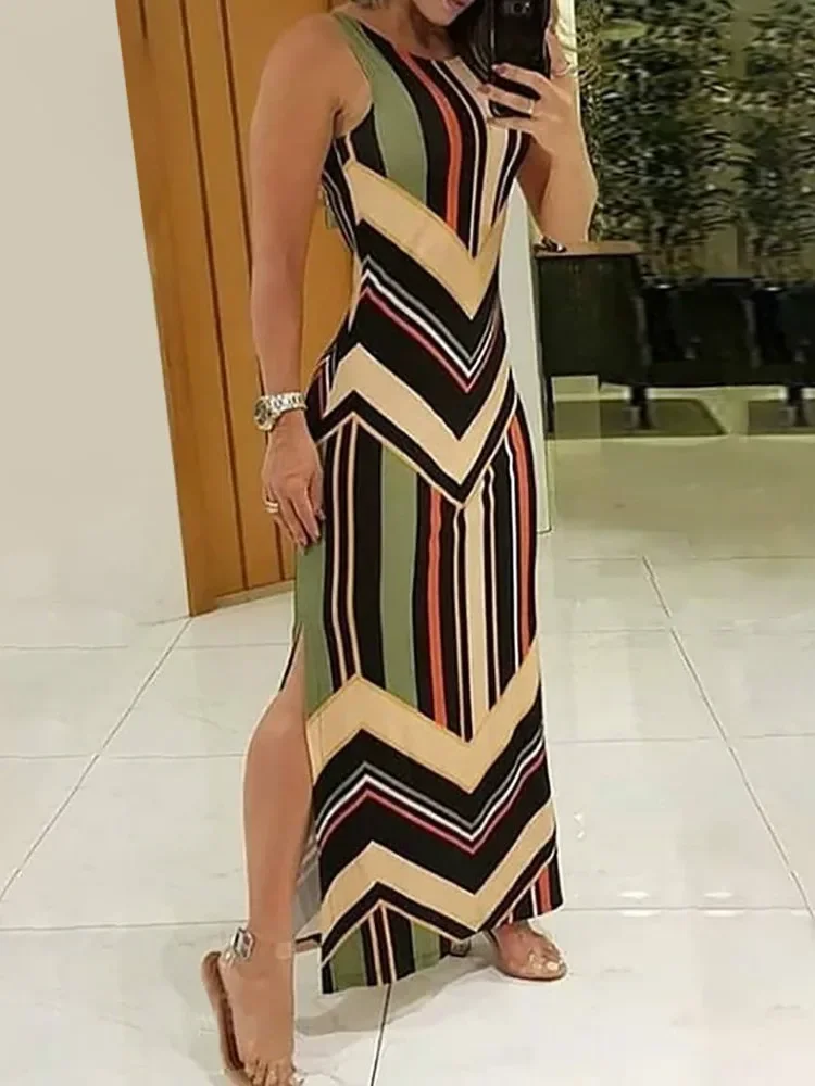 

Colorful Striped Print Side Slit Maxi Dress Women Colorblock Sleeveless Slim Long Dresses