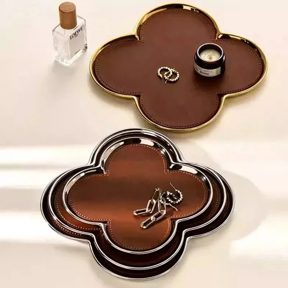 3Pcs Light Luxury Leather Storage Tray Simple Storage Tray Set Desktop Jewelry Clover Display Tray Home Modern Trays Decorative