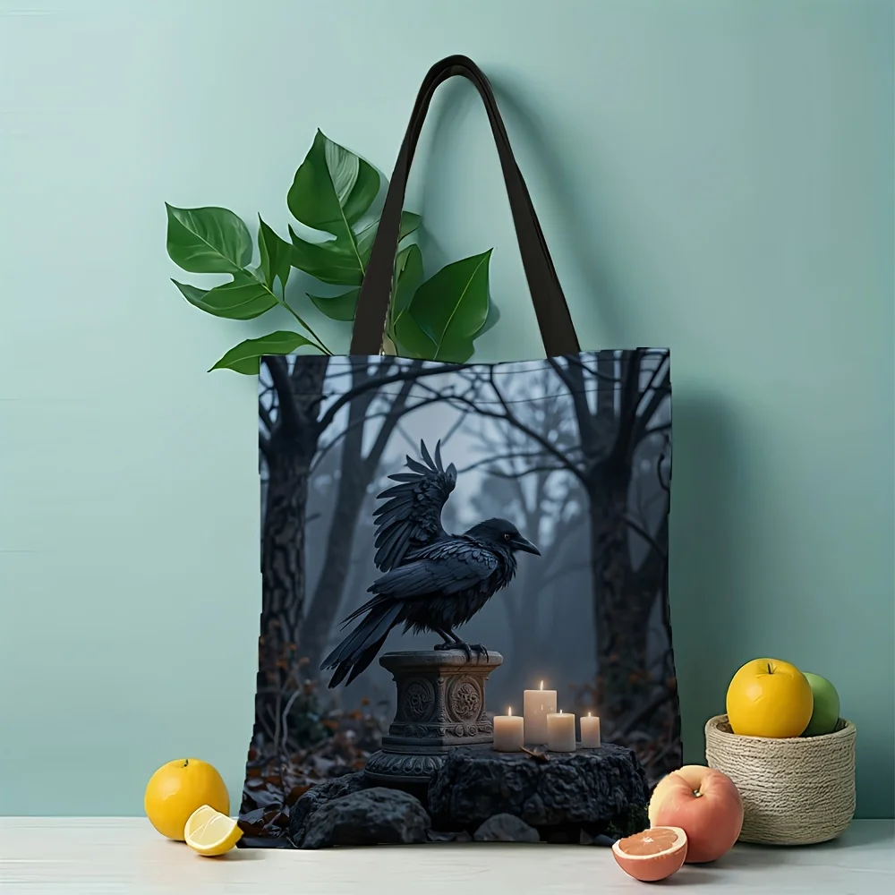 1pc Mystical Sentinel Tote Bag Gothic Raven Tombstone Design Perfect For Graduation Gifts Or Everyday Use