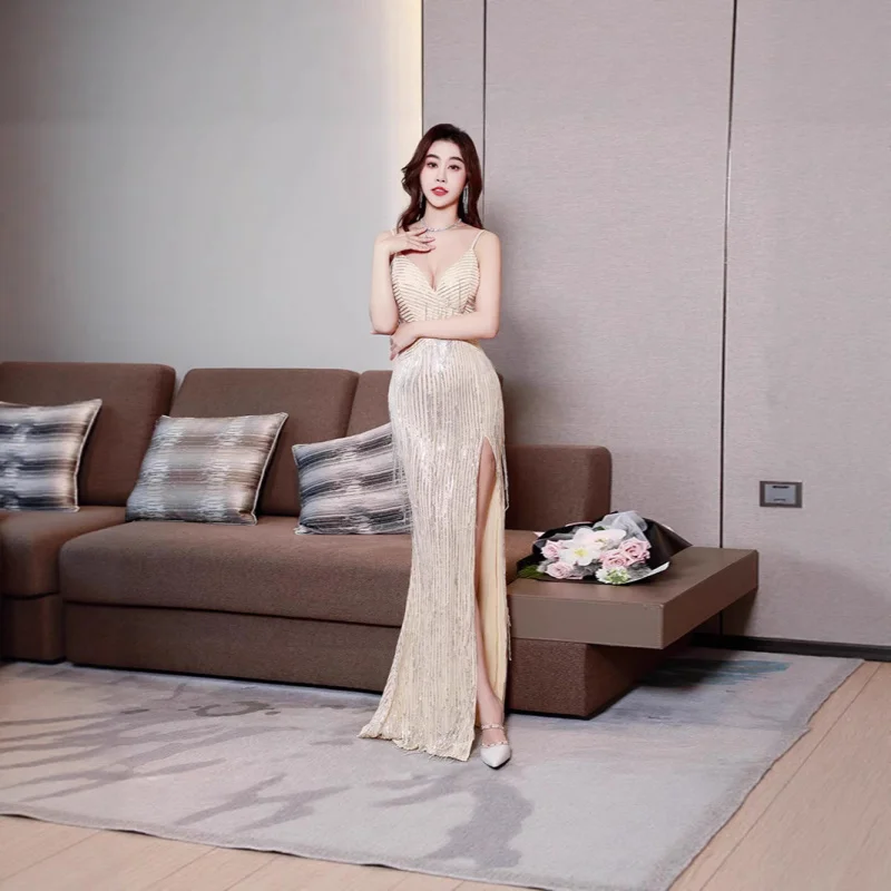 

2555 # Изысканное длинное вечернее платье с разноцветными пайетками для женских вечеринок, стройнящее платье для невест на торжественные мероприятия