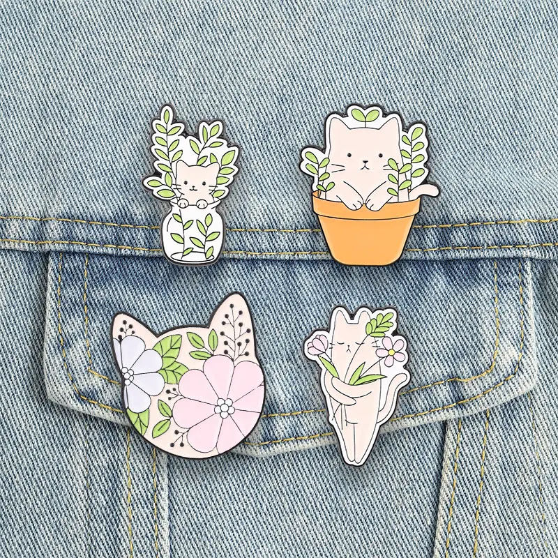 Blumige Katzen-Emaille-Pins, Niedliche Cartoon-Cottagecore-Pflanzen-Kätzchen-Broschen, Anstecknadeln, Tier-Schmuck, Geschenk für Kinder und Freunde
