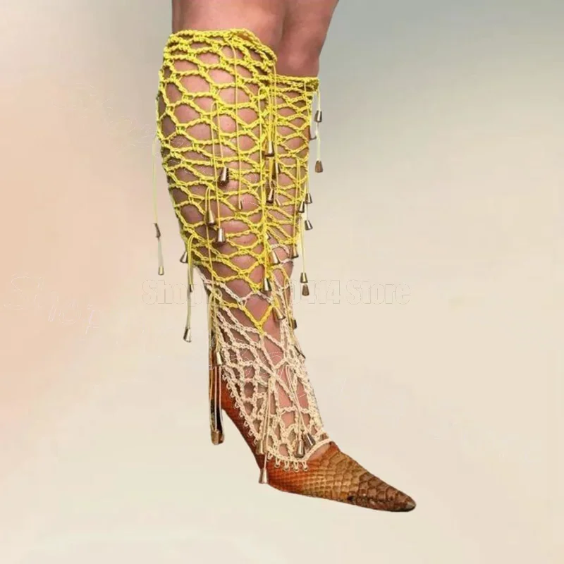 

Pink Knitted Hollow Design Hanging Beads Boots Elastic Band Women Shoes Thin High Heels Pointed Toe New 2026 Zapatos Para Mujere