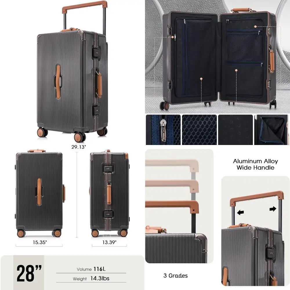 28-inch wide handle hardshell spinner luggage - 116l large capacity with 360° silent wheels - tsa lock & aluminum corners