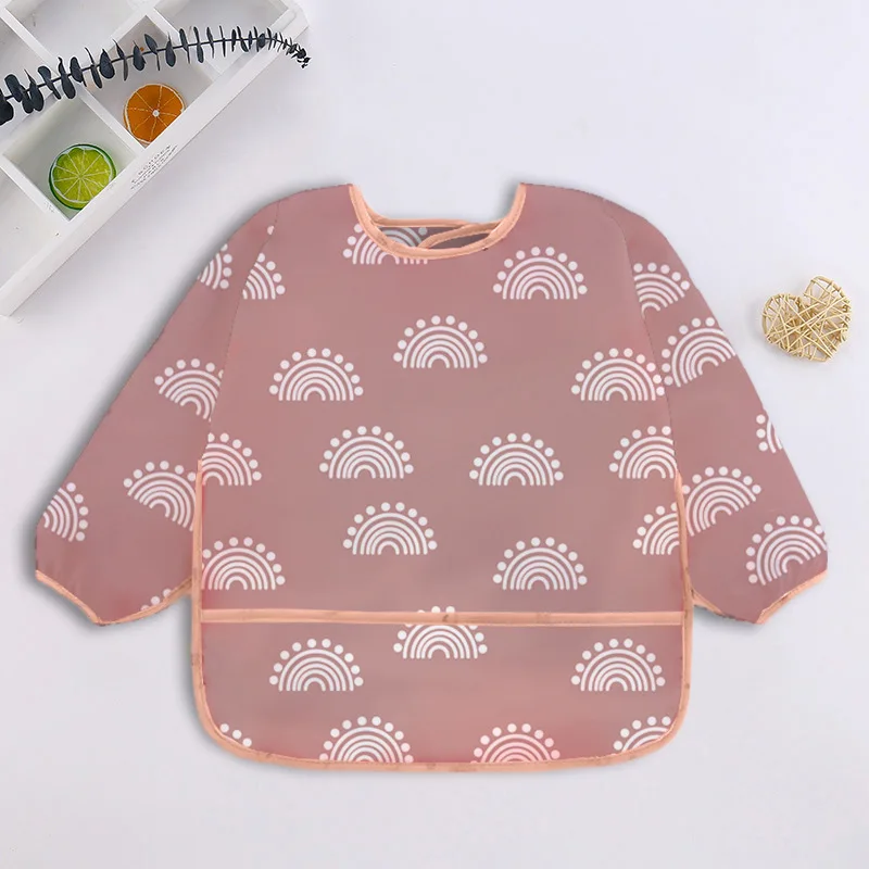 مريلة بأكمام طويلة للأطفال بتصميم كرتوني ملون لطيف ومريلة مقاومة للماء للأطفال من عمر 0 إلى 3 سنوات