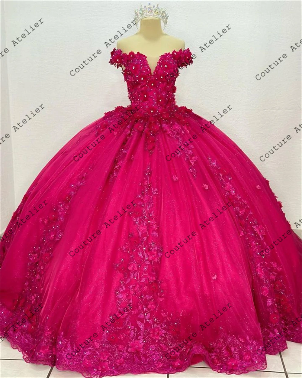 Rosa scuro 3D Fiori Manica a tre quarti Abito Quinceanera di lusso 2024 Abito da ballo Charro Abito messicano vestido de 15 quinceañera