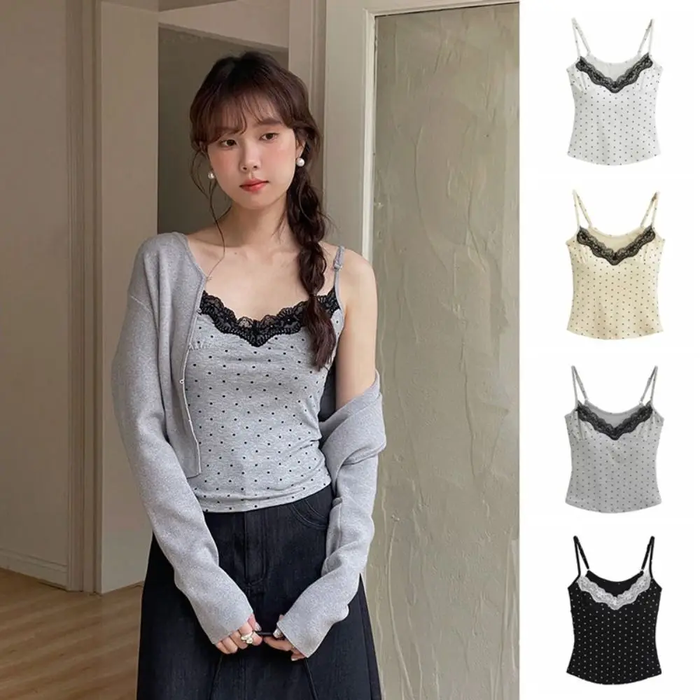 Lace Ruffled Dots Sling Vest Top Tank Bottoming Shirt Camisole with Pads Sleeveless Spicy Girl Style Y2K Slim Crop Top Summer