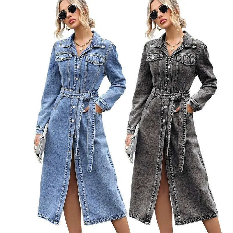 Long Sleeve Tie Waist Top Slim Fit Commuter Chic with Buttoned Front Washed Finish Regular Sleeve Midi Length Spring for Women