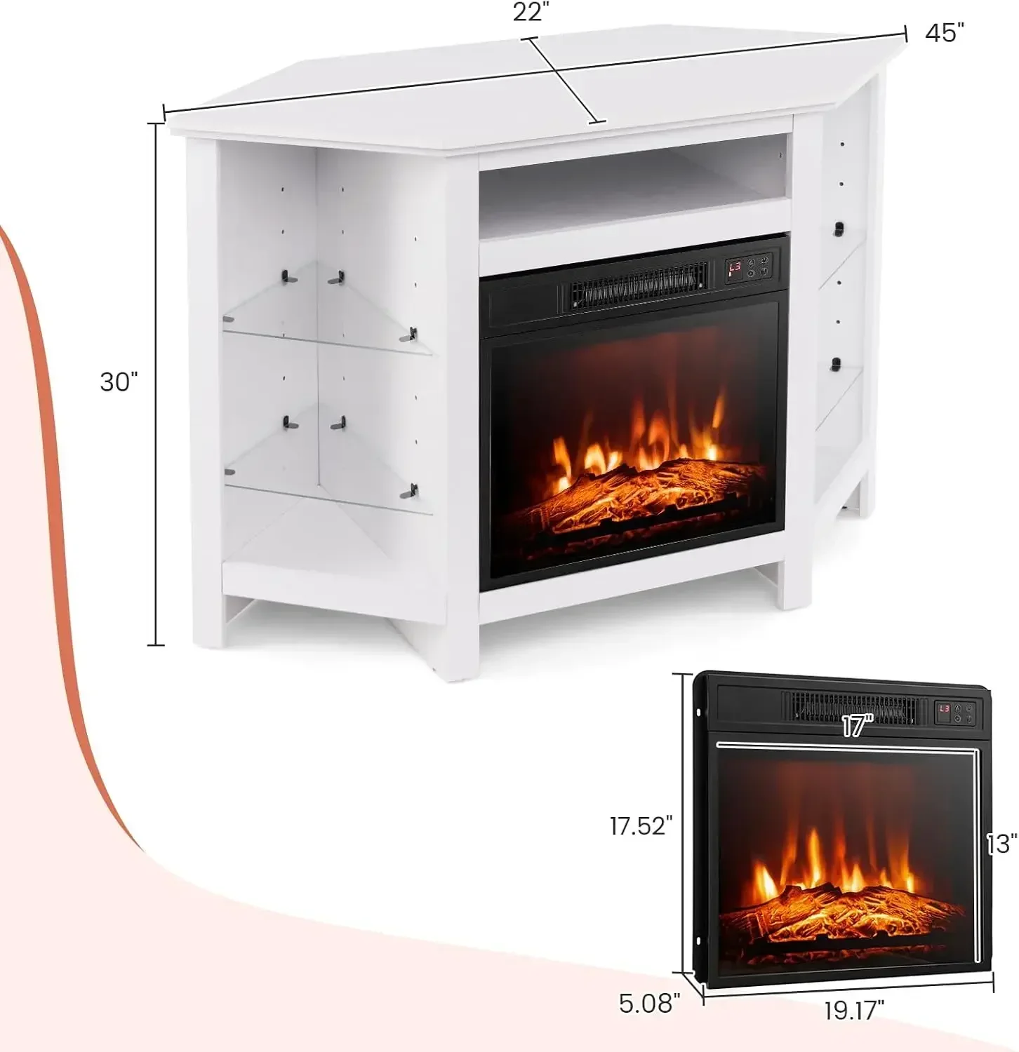 Corner Fireplace TV Stand - Electric Fireplace Entertainment Center w/Heater Insert, LED Lights, APP Control & Adjustable Shelve