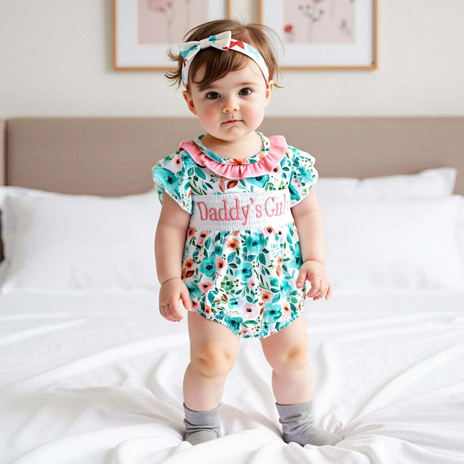 

Baby Girls Rompers Letter Embroidery Floral Print Ruffles Round Neck Fly Sleeve Infant Bodysuits Jumpsuits