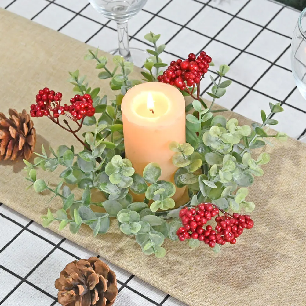 

2pcs Christmas Ring Wreaths Eucalyptus Red Berry Artificial Decorative Ornament Home Party Pillar Rings Hanging
