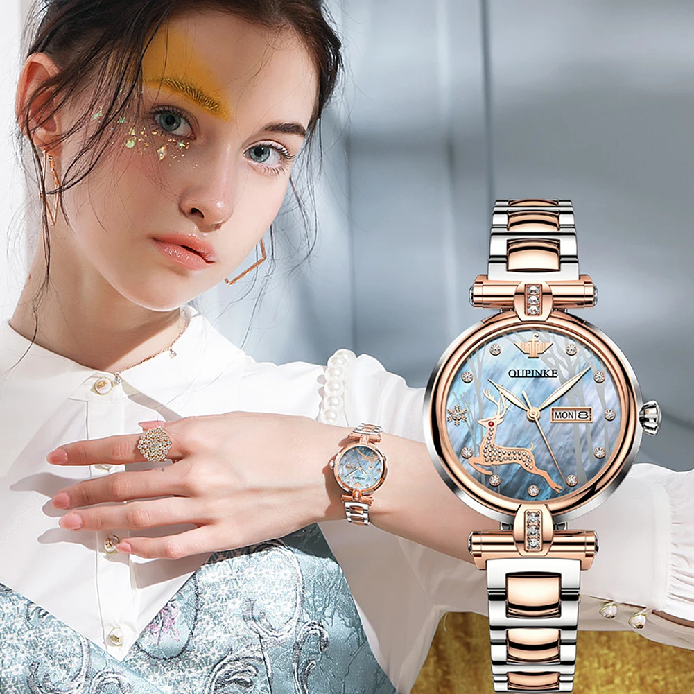 OUPINKE A3180 ساعة نسائية ماركة فاخرة ساعة ميكانيكية أوتوماتيكية التنغستن الصلب حزام الساعات مقاوم للماء ساعة تاريخ اليوم مع صندوق