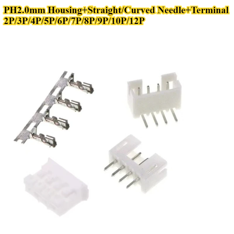 

20/50Sets/lot PH2.0mm Pitch 2.0mm Housing+Straight/Curved Needle+Terminal 2P/3P/4P/5P/6P/7P/8P/9P/10P/12P Connector