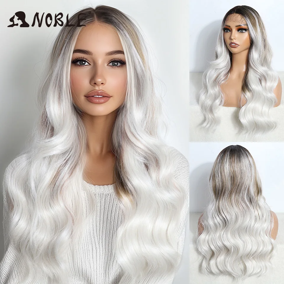 Peluca con malla frontal sintética Noble, peluca roja vino para Cosplay de 22 pulgadas, peluca de encaje ondulada de cuerpo blanco fácil de usar para mujer, peluca rubia ombré