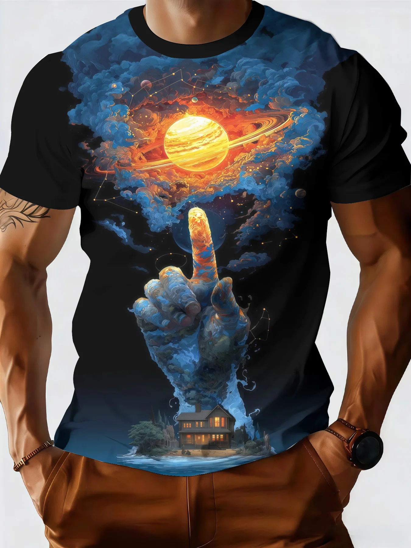 Men's Crew Neck Tee 3D Cosmic Hand Saturn Planet Blue Nebula Galaxy Graphic Print Casual Tops