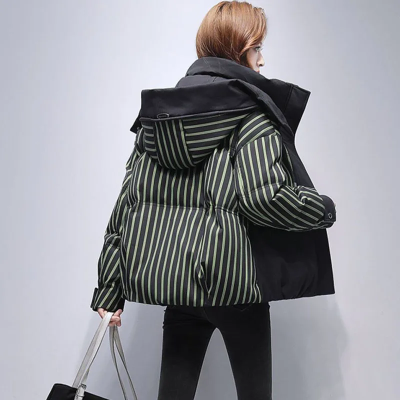 

New Fashion Women's Short Striped Down Jacket Winter Warm Jackets Hooded Parker Outerwear Female Korean 90% White Duck Down Coat