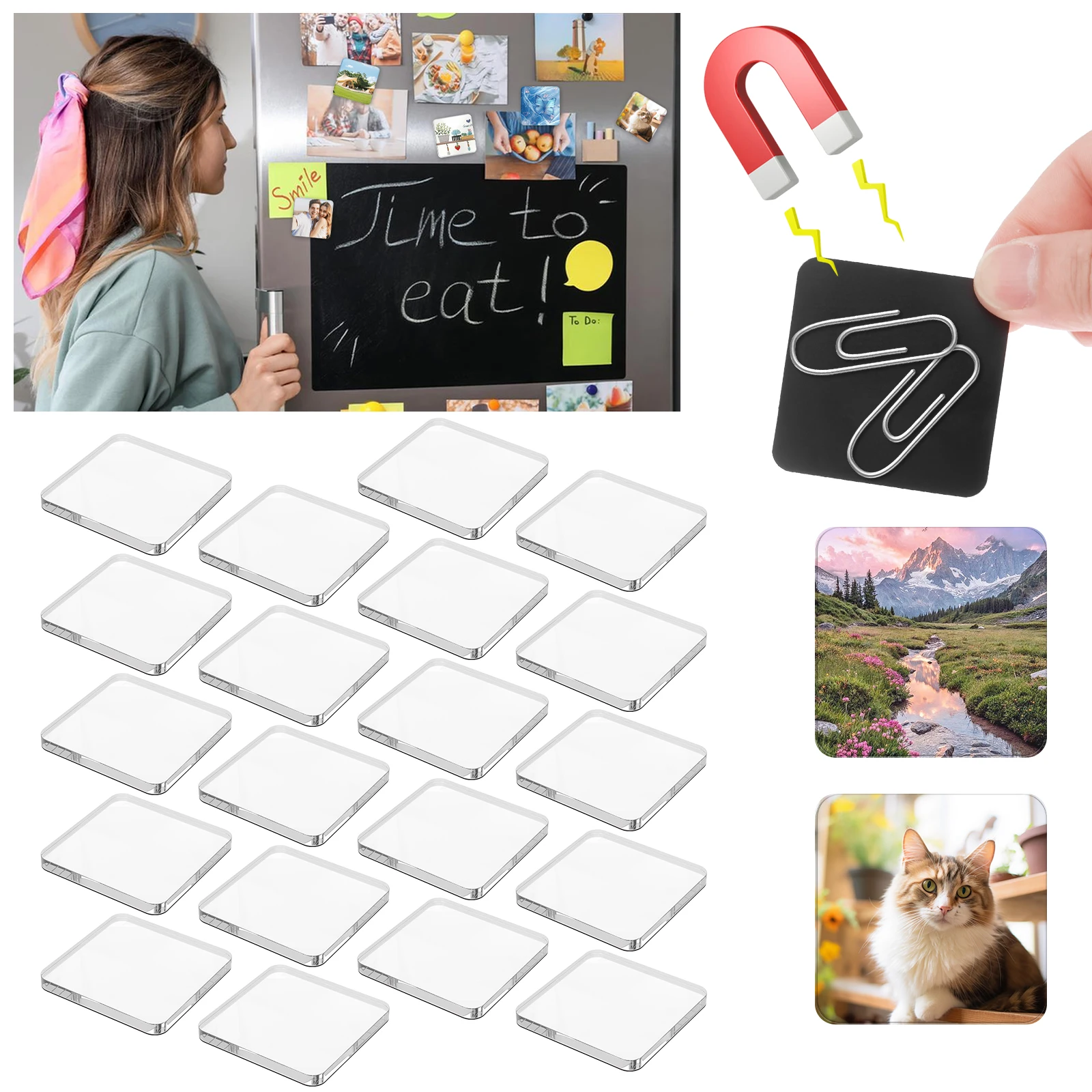 20Pcs DIY Fridge Magnet Set Clear Acrylic Fridge Magnet With Adhesive Long Lasting DIY Photo Frame for Kitchen Classroom Office
