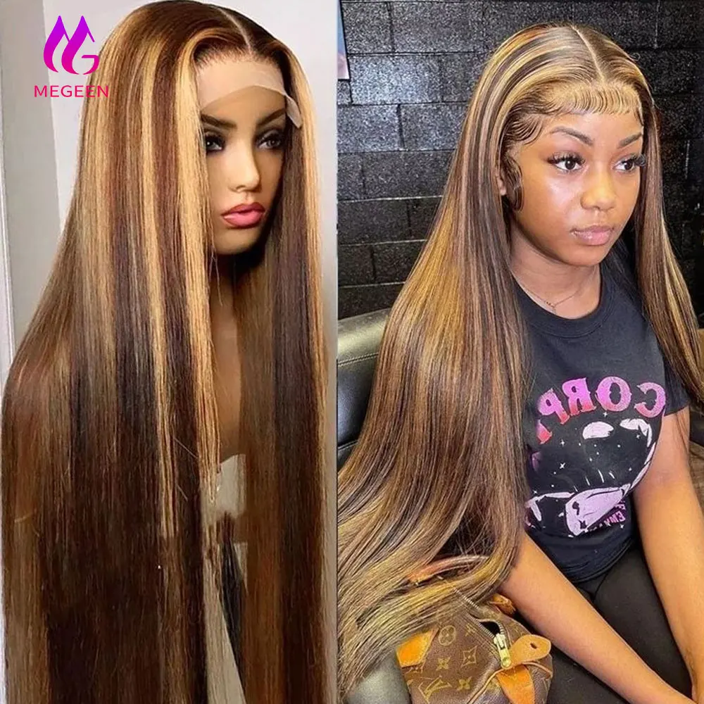 Megeen 13x4 parrucche anteriori in pizzo P4/27 evidenziare i capelli umani parrucche anteriori in pizzo dritto trasparente parrucca colorata Ombre prepizzicata 26 pollici