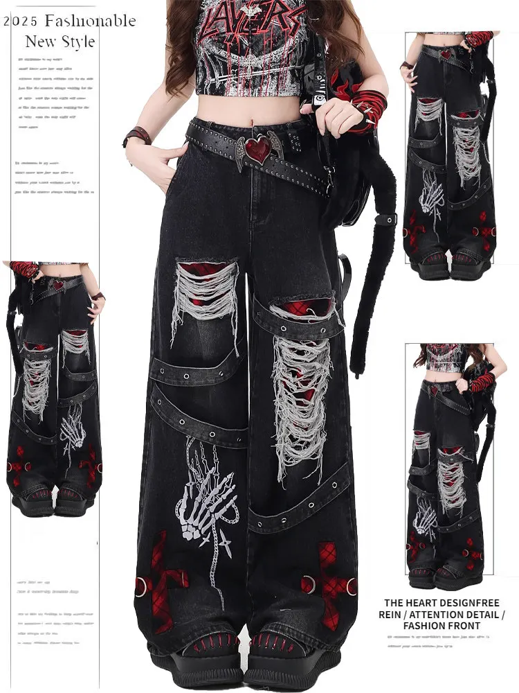 

High Waist Ripped Denim Jeans Women's Loose Wide Leg Straight Cut Trousers Y2K Hole Design Fall Fashion Cultural Clothing