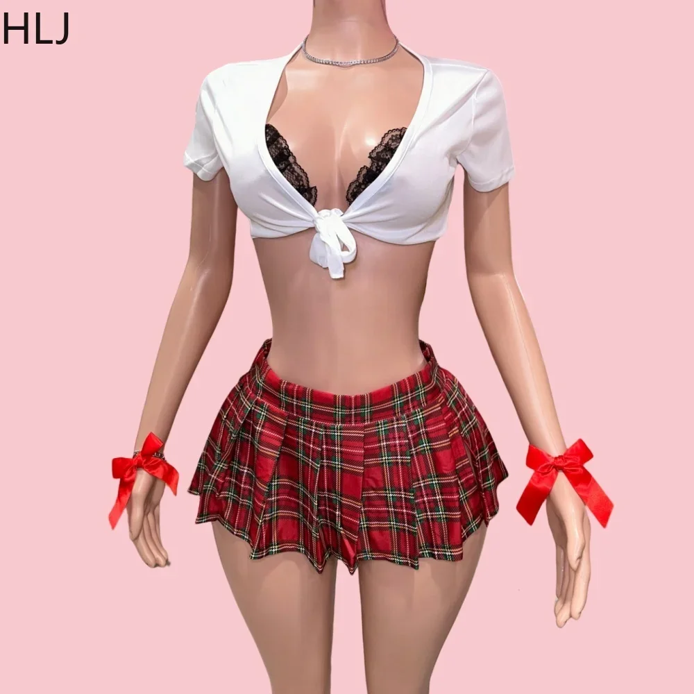 

HLJ Sexy Deep V Bandage Plaid Pleated Mini Skirts Two Piece Ses Women Short Sleeve Slim Crop Top + Skirts Outfits Y2K Streetwear