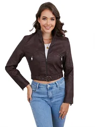 Motorcycle Style Leather Jacket for Women, Belt and Zipper, Short Style, Sexy Outdoor Jacket, Spring and Autumn, 24 New