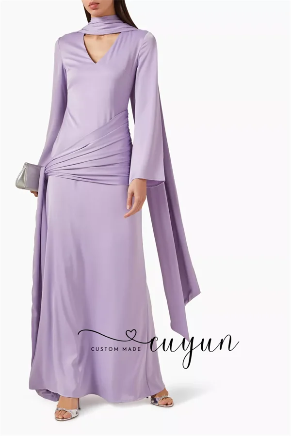 CUYUN Customized Scarf-style Purple Evening Dress Wedding Guest Wear V-Neck Long Sleeves Party Gown Formal Event Dresses Prom
