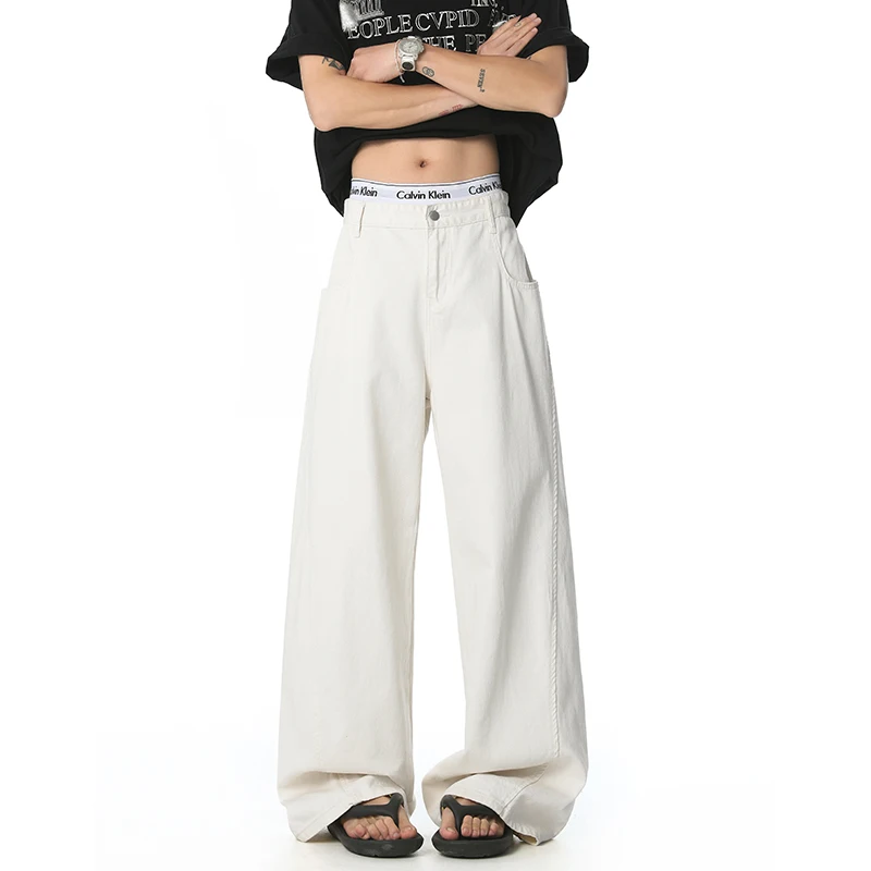 

New Loose Harajuku White Jeans Men's Fashion High Street American Casual Trousers Male Straight Hip Hop Denim Pants