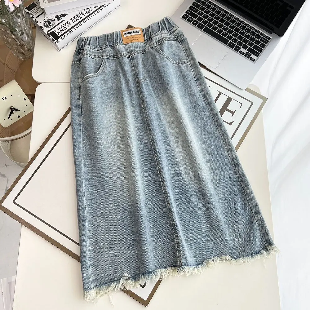 

Fashion Raw Edge Denim Skirt Women Summer 2025 Versatile Elastic Waist Long Jean Skirt Autumn Loose Casual slit A-line Skirt