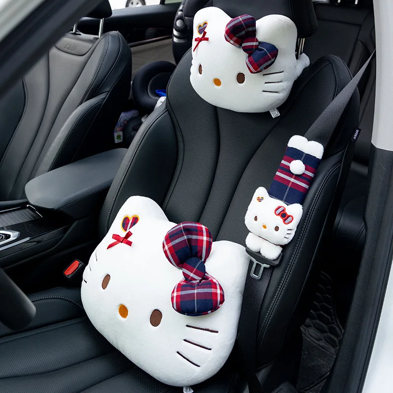 Hello Kitty Car Headrest Pillow Winter Warm Plush Doll Neck & Lumbar Support Cushion Adjustable Car Seat Pillow Seat Belt Cover 6