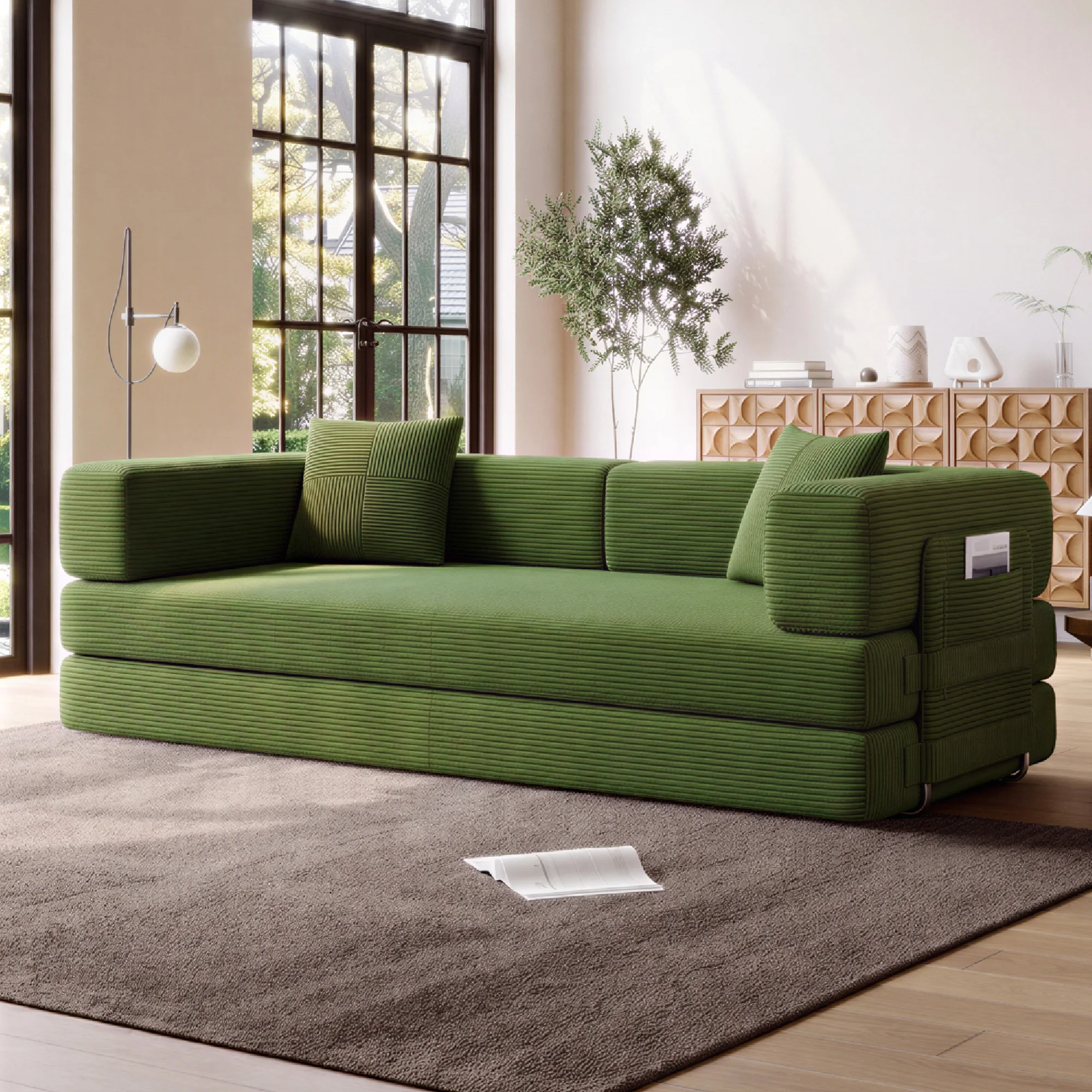 Modular Floor Sofa Frameless Compression Straight Couch 3 Seater Convertible Lazy Sofa High Density Foam Corduroy Upholstered Living Room Apartment Furniture