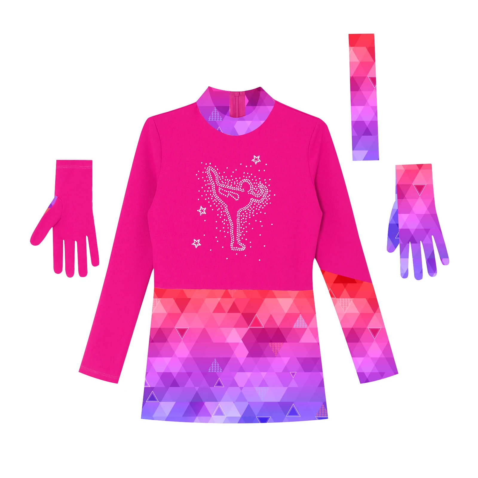 Girls Figure Skating Rhythmic Gymnastics Dance Costume Long Sleeve Shiny Rhinestone Leotard Dress with Gloves Headband Dancewear