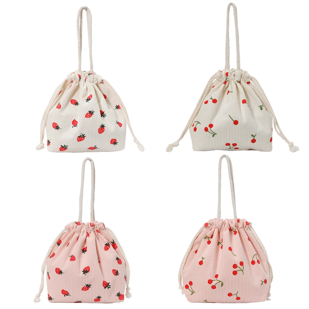 

Corduroy Strawberry Bucket Bag Drawstring Closure Casual Tote Bag Chic Hobo Bag for Women Everyday College Travel