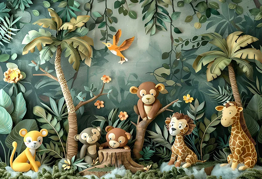 Mehofond 용수철 열대 동물 장식 배경, 어린이 생일 파티, 자연 꽃, 잔디 벽 배경, 2024