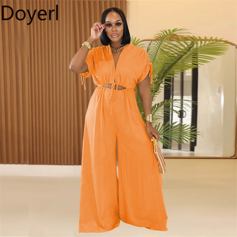Doyerl Feste Beiläufige Breite Bein Overall Frauen Sommer Kleidung V-ausschnitt Kurzarm Aushöhlen Lose Strampler Einteilige Overalls