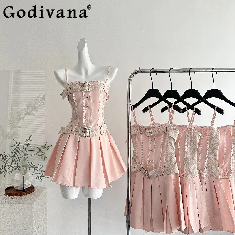 Abito da donna dolce e fresco stile puro desiderio primaverile a vita alta con linea a trapezio abito corto con cinturino rosa abito estivo femminile carino Lolita