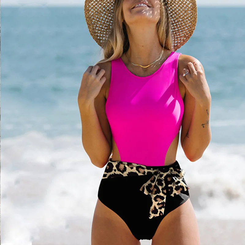 

Sexy Color Bikini Swimsuit Hollow out One-Piece Color Blo Conservative High Waist Long Leggings Polyester Fiber