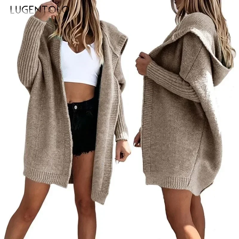 

Women Cardigan Knitted Sweater Loose Solid Autumn Winter Hooded Lady Casual Long Sleeve New 2023 Comfortable Clothing Lugentolo
