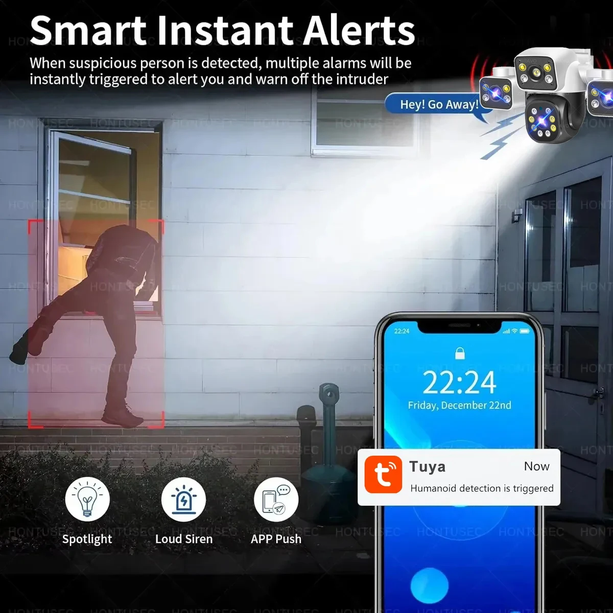Cámara de Seguridad WiFi para Exteriores Tuya SmartLife con 3 Pantallas, PTZ 6K 12MP, Protección y Vigilancia del Hogar, 2 Pantallas 4K 8MP, Mini Sirena de Alarma