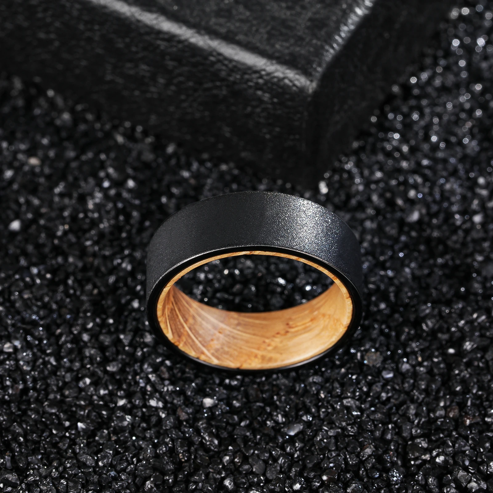 Custom 8mm Width Black Tungsten Dating  Wood Rings for Males Inlay Natural Whiskey Barrel Wood Pipe Cut Sandblasted Size 7-12