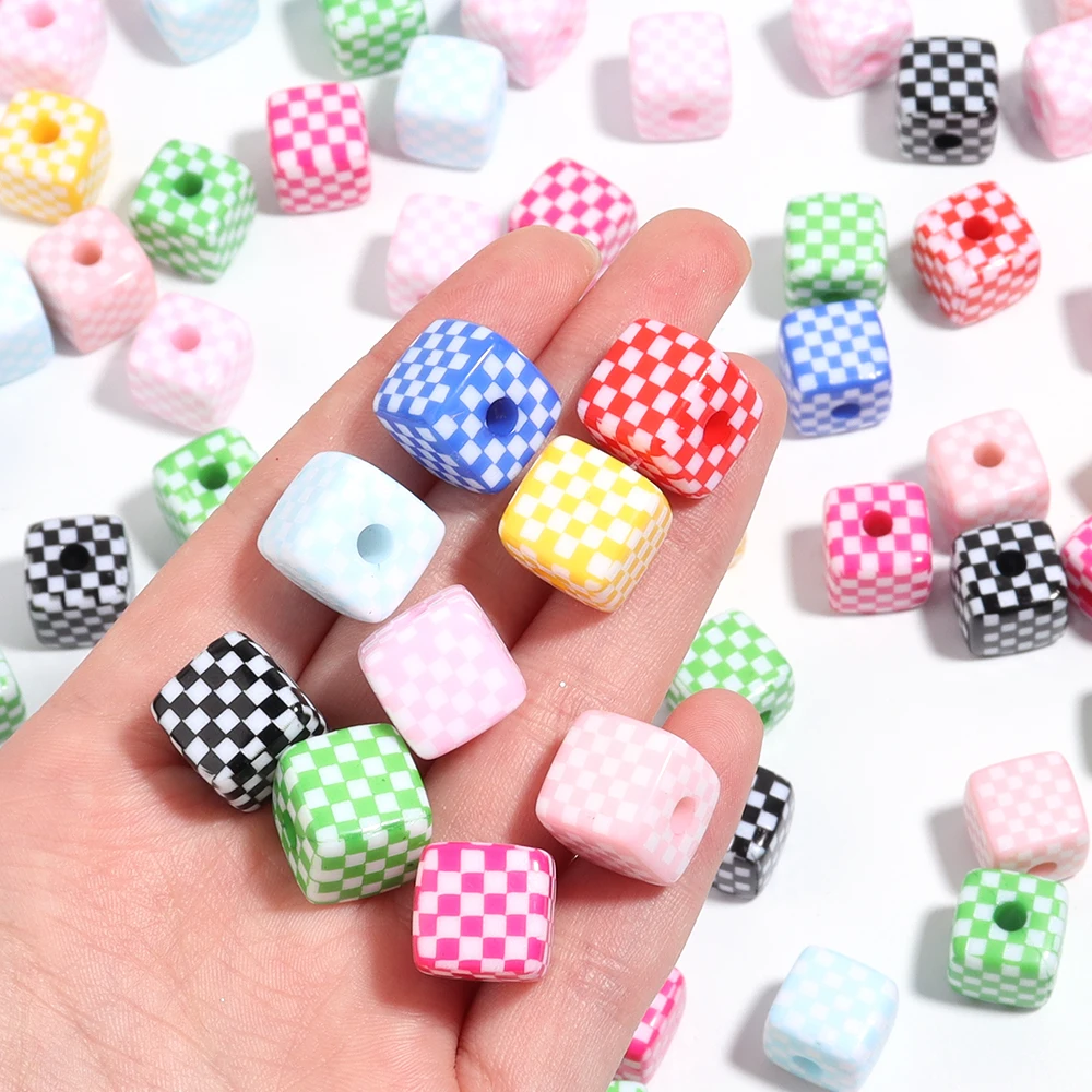 10/20pcs Multicolor Checkerboard Square Acrylic Beads Straight Hole Loose Spacer Bead For DIY Jewelry Making Bracelet Necklace