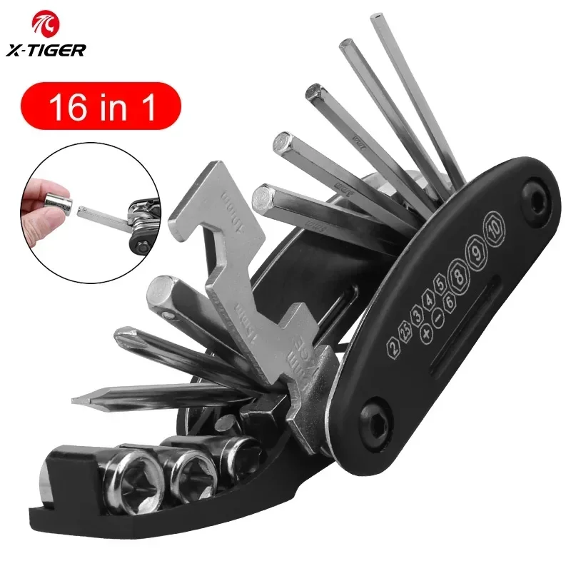 X-TIGER Bike Repair Tool Kits 16 in 1 Bicycle Multitool Bike Tire Levers Hex Spoke Wrench 2/2.5/3/4/5/6mm Folding Metric Repaire