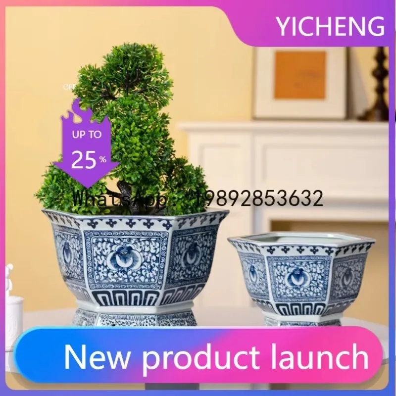 Xl hexagonal hook lotus pot ceramic flower pot blue and white porcelain tree flower pot