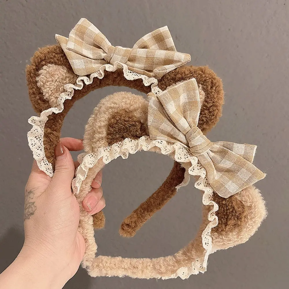 Fashion Hair Hoop Headdress Plaid Bow Make up Plush Cat Ears Women Accessories Lace Hair Band Korea Style Headband