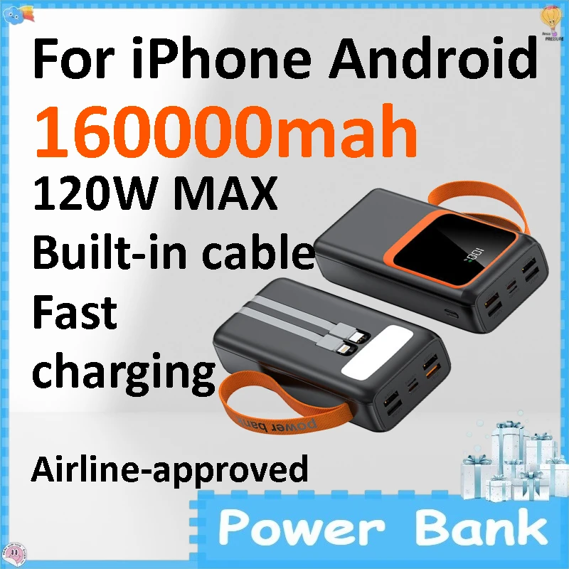 160000mAh High Capacity Powerbank 120W Quick Charge Outdoor Portable Mobile Power Supply for Smartphone Live Broadcast