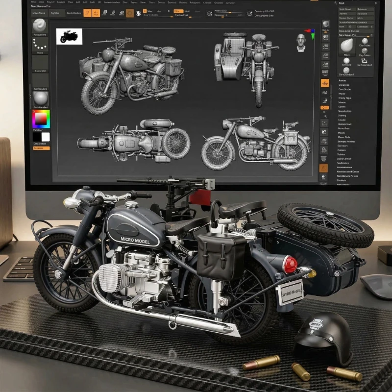 

1:10 Alloy Retro Side Car Motorcycle Alloy Diecast Classic Military Tricycle Motorcycle Model Sound Light Children Toy Car Boy