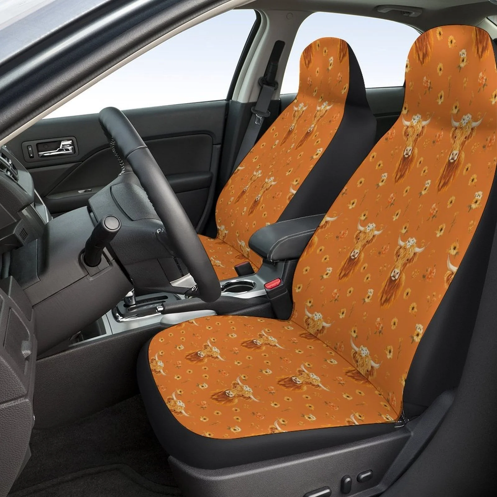 Set Of Floral Car Seat Covers Featuring Highland Cows, Stylish And Unique Protector Covers For Most Vehicles, Complete Set For T