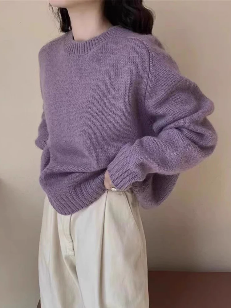 Zoki Retro Sweet Purple Sweaters Women Casual Soft Long Sleeve Knitted Pullovers Japan Lazy Wind Loose Female Simple Vintage Top